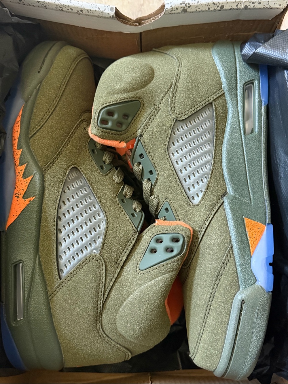 Olive Green Suede High-Top Sneakers with Orange Accents